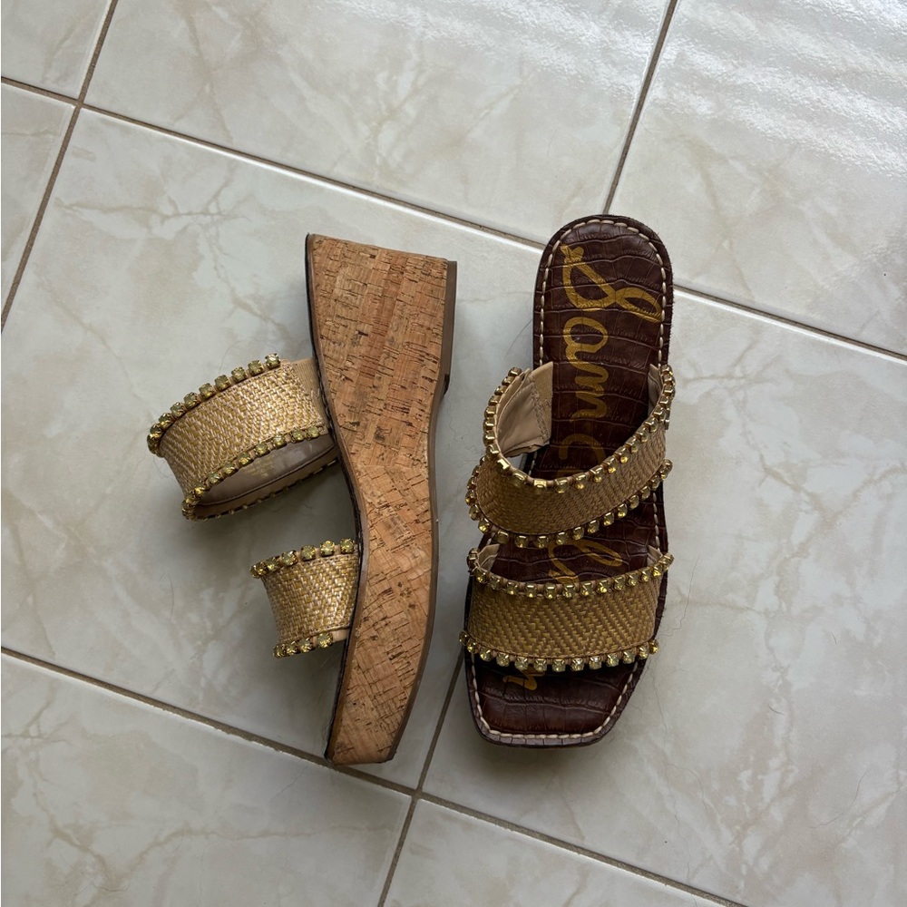 Sam Edelman Gold Beaded Cork Wedge Sandals